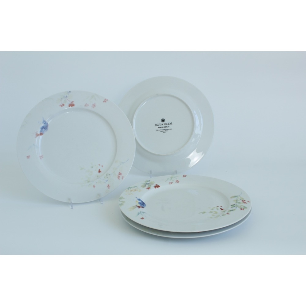 Paula Deen Spring Medley Salad Plates Stoneware Bird Floral White Set of 4 8in